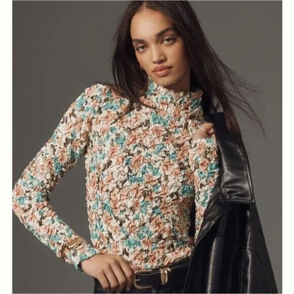 Dolan Printed Pebble Smocked Turtleneck Top M Pink Green Floral Stretch Pullover - Picture 2 of 16